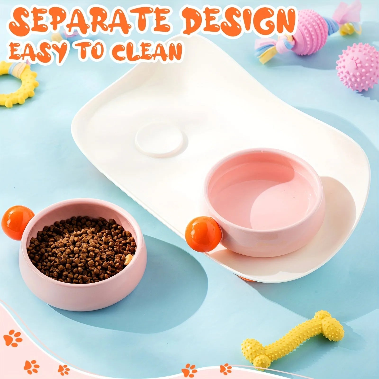 Ceramic raised pet feeding bowl set with two bowls and non-slip silicone supports in yellow colour