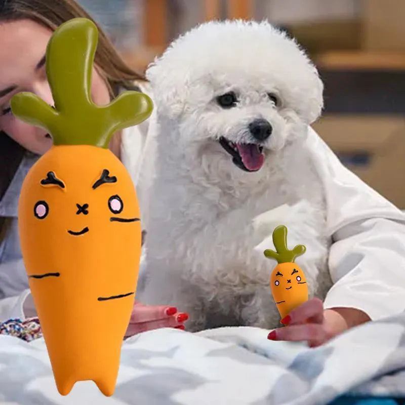 Latex cartoon vegetable dog chew toy shaped like an onion and eggplant in green, orange, or purple.