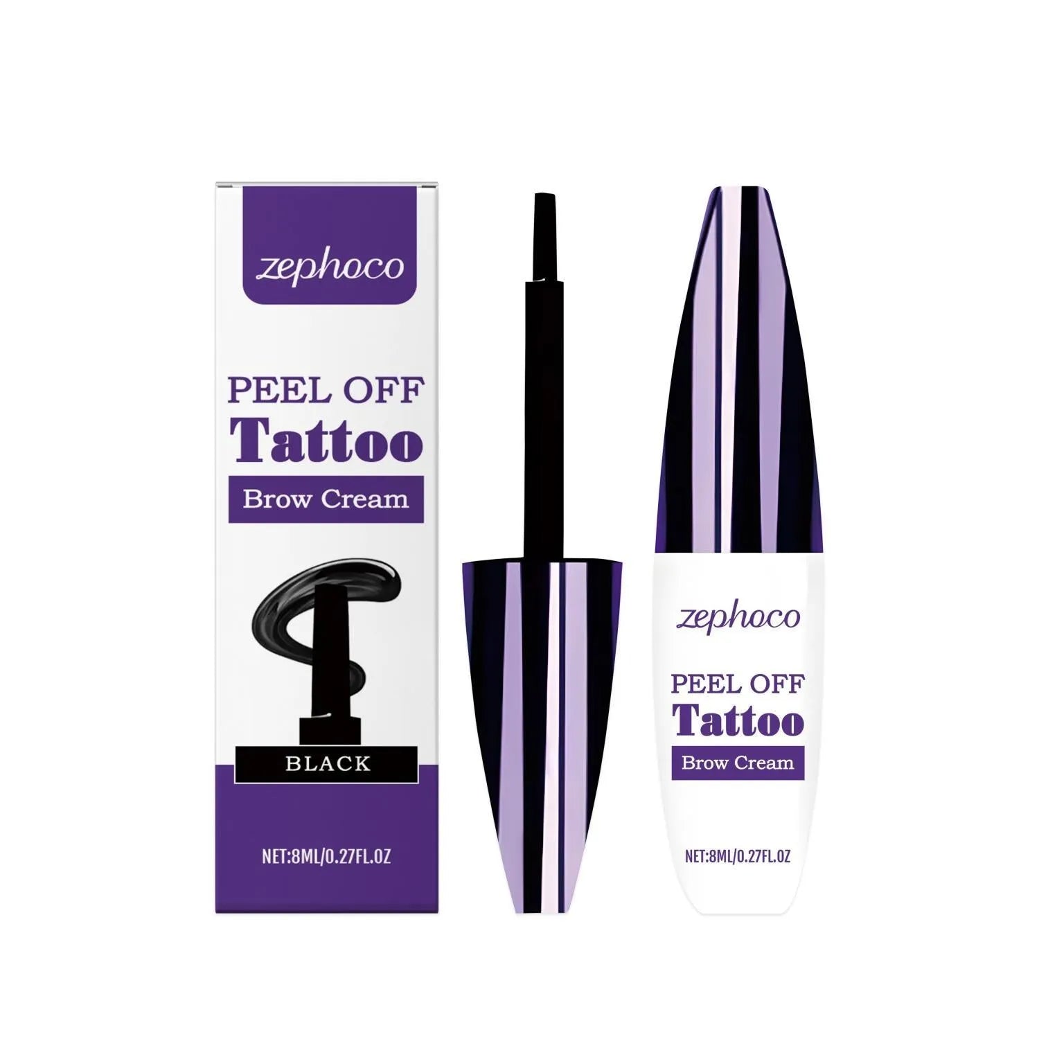 Tearable liquid eyebrow pencil in black, brown, and light brown colours.