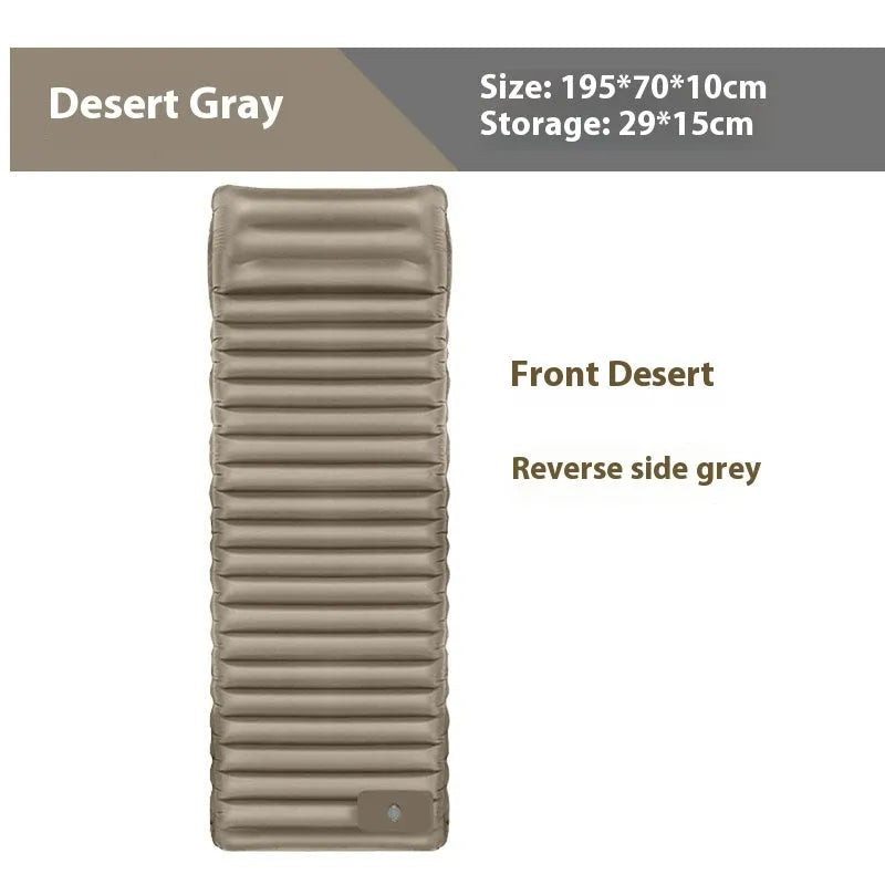 Single portable inflatable camping mattress in grey, shown at full 195cm length and 10cm thickness.