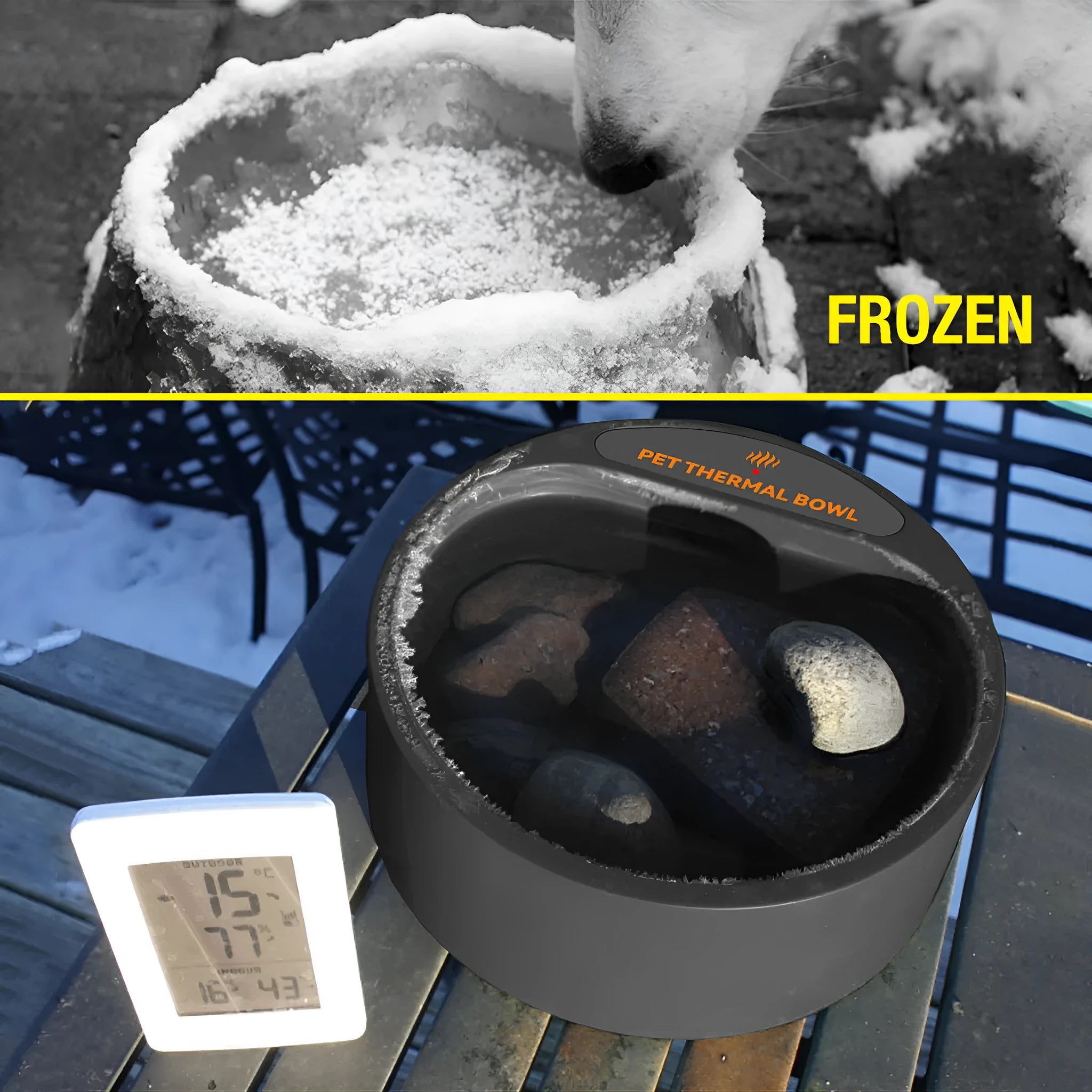 Black ABS plastic electric heated pet bowl with 2.2 litre capacity on a floor.