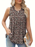 Plus size woman wearing a black floral print sleeveless loose-fit vest top.