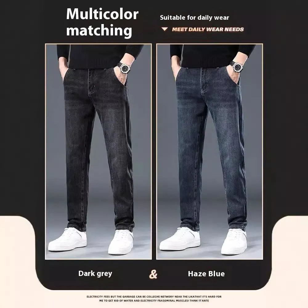 Blue grey slim straight casual trousers with a zipper fly on a mid-waist.