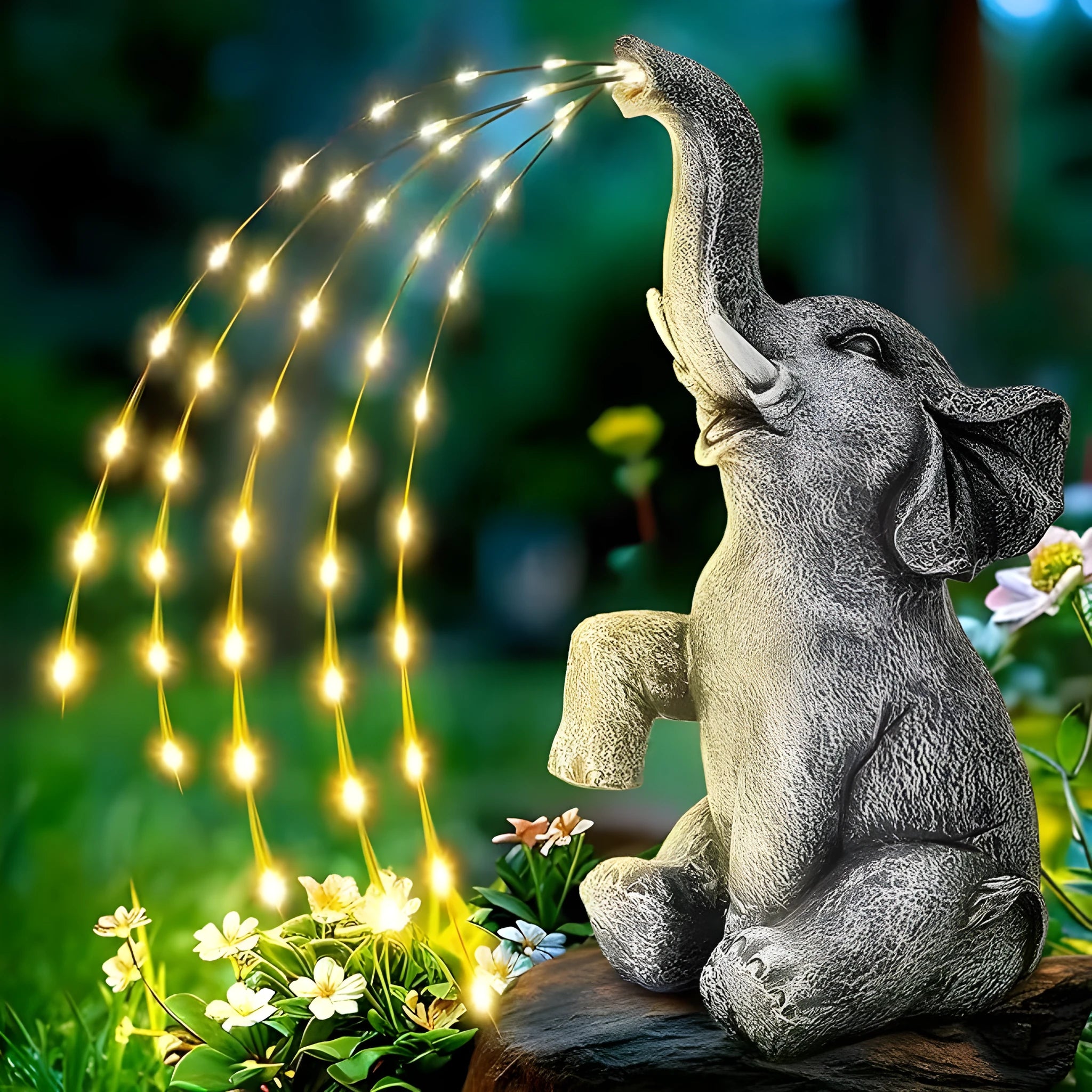 Resin elephant garden statue with built-in LED light strip for outdoor decoration.