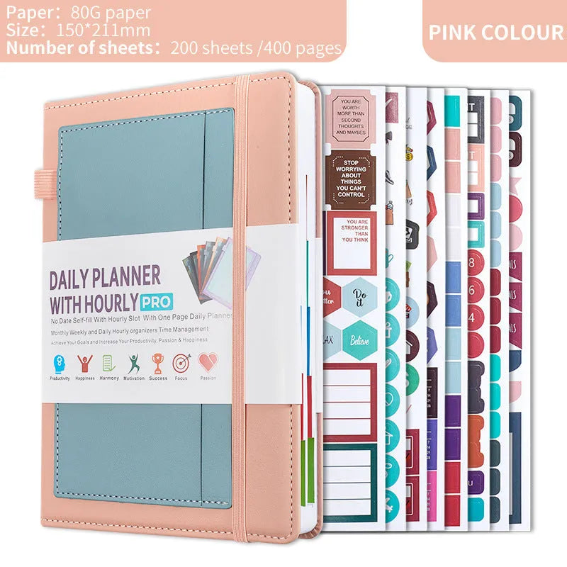 No-date notebook with thread binding, PU cover in multiple colours, shown open on 80g wood-free paper.