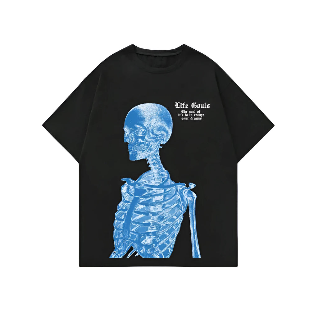Men's grey short sleeve street T-shirt with abstract digital print, casual pullover style.