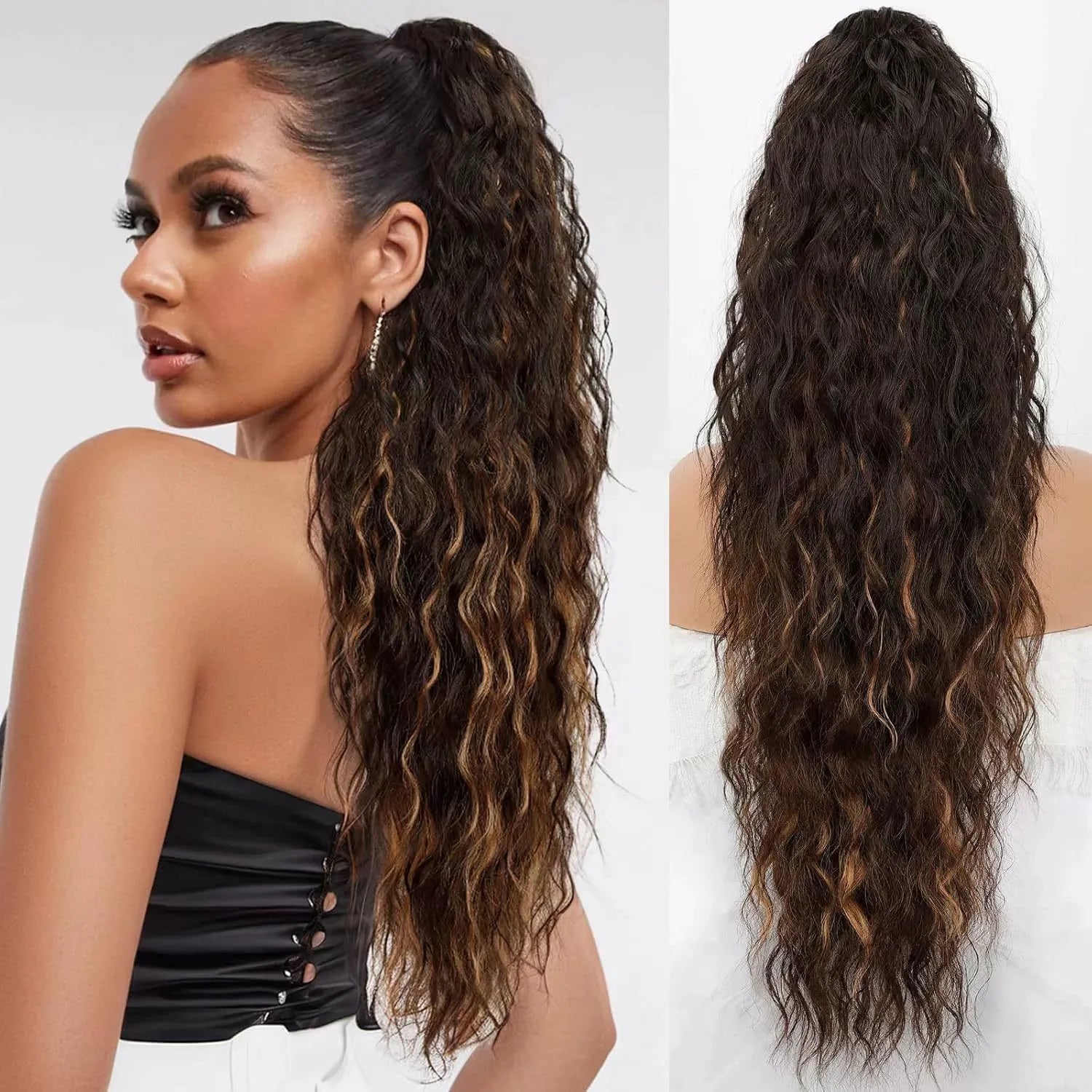 Long curly synthetic ponytail wig in high temperature fibre, 30 inches in length.