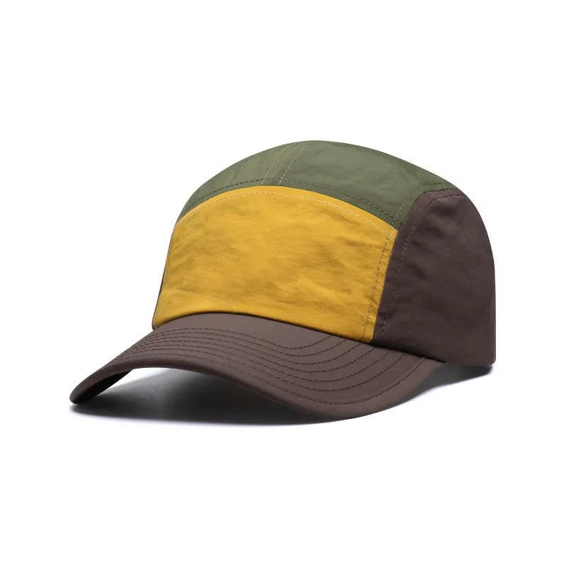Men's quick-drying cotton-polyester baseball cap with curved brim in khaki, green, orange, and yellow colours.