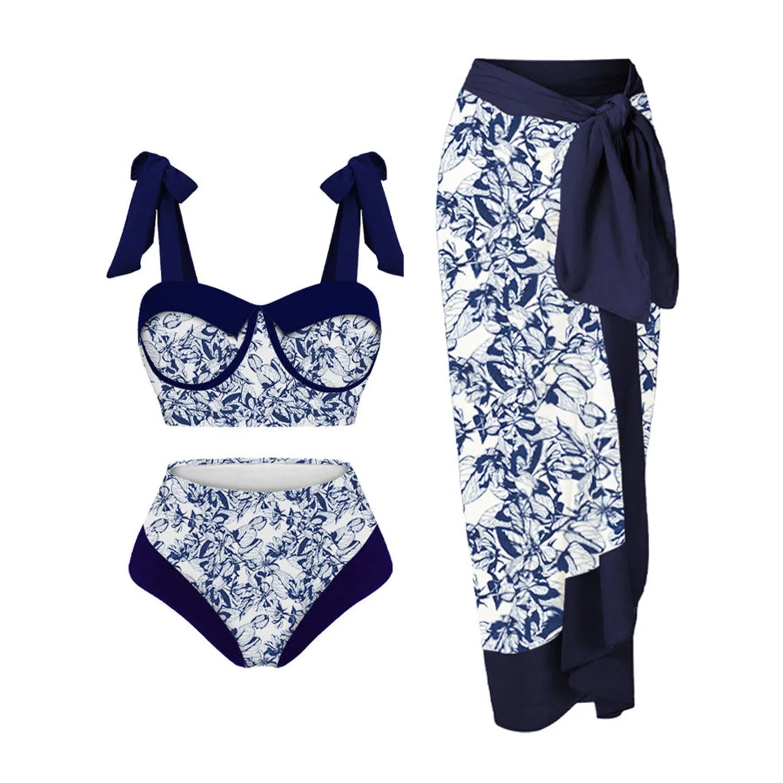 Women's printing split swimsuit three-piece set in polyester fabric showing skirt, bra, and panties components
