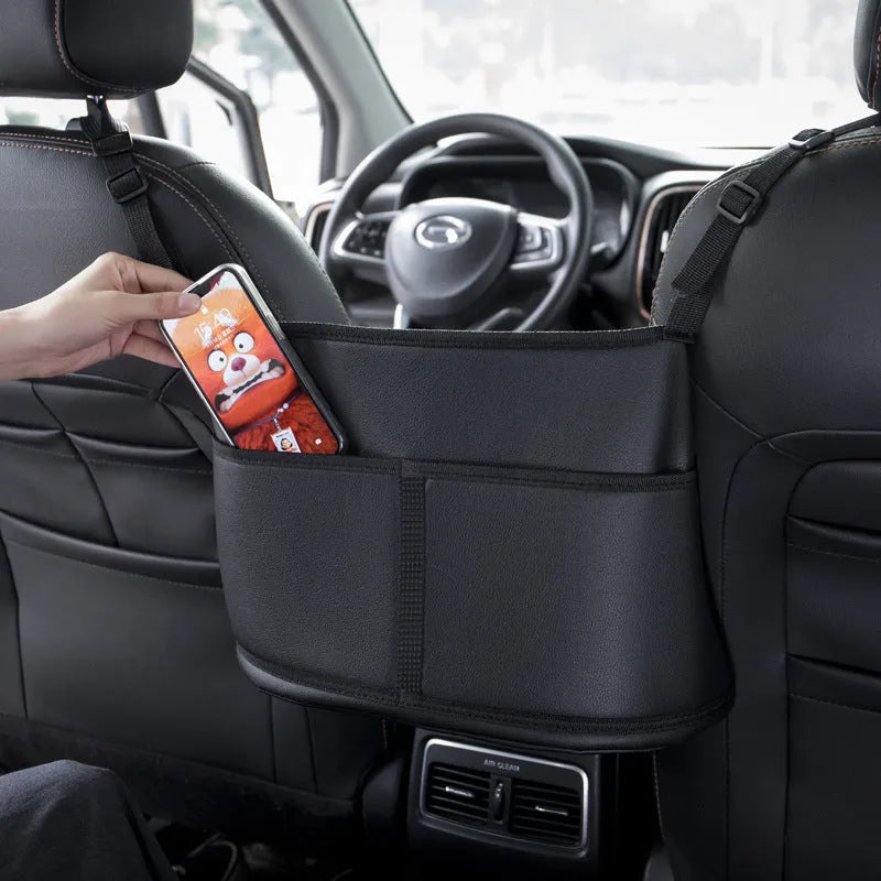 Black leather car seat storage bag with sports carbon fibre pattern, dimensions 38cm by 24cm by 15cm