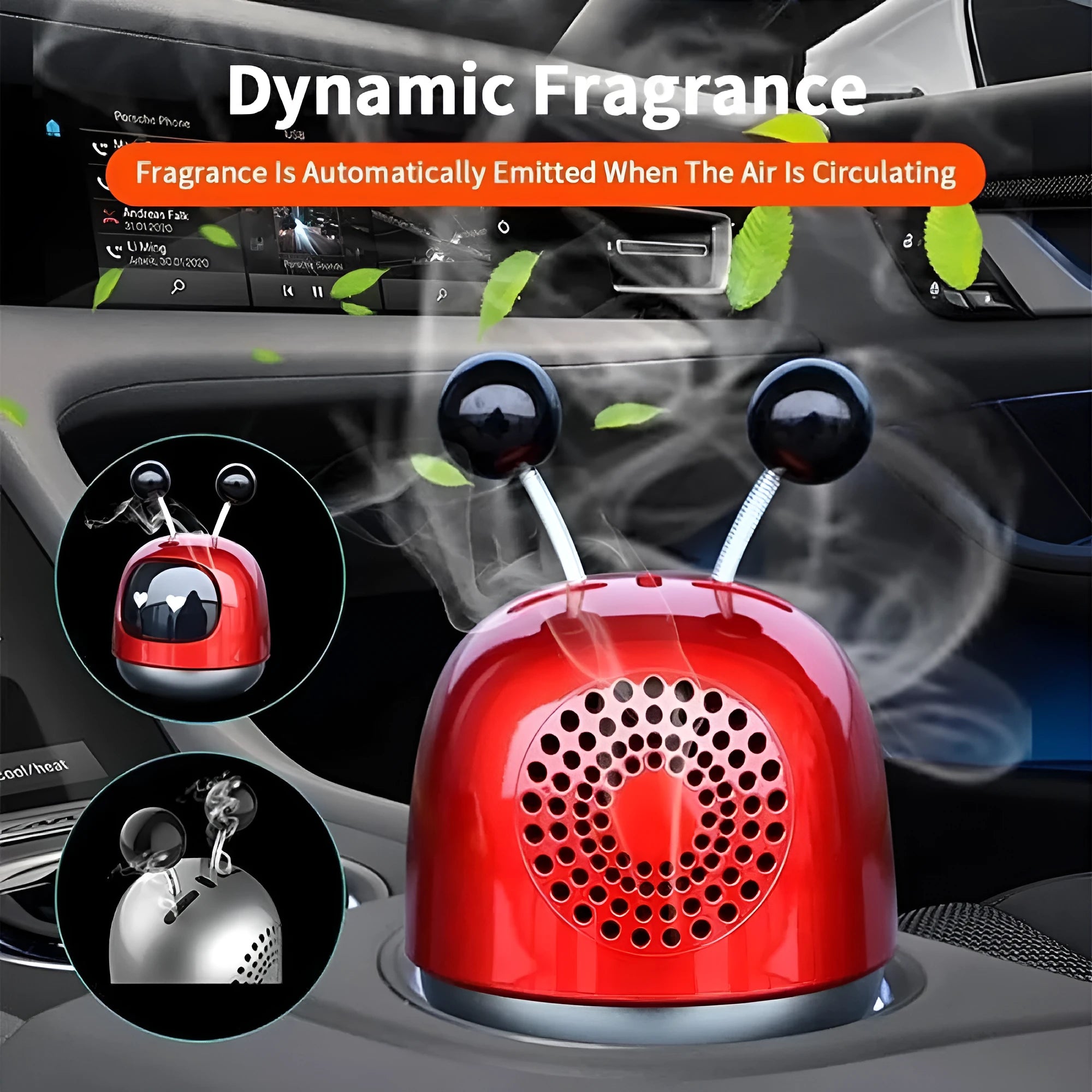 Robot-shaped car vent clip air freshener with aromatherapy gel in blue, grey, or red colour options.