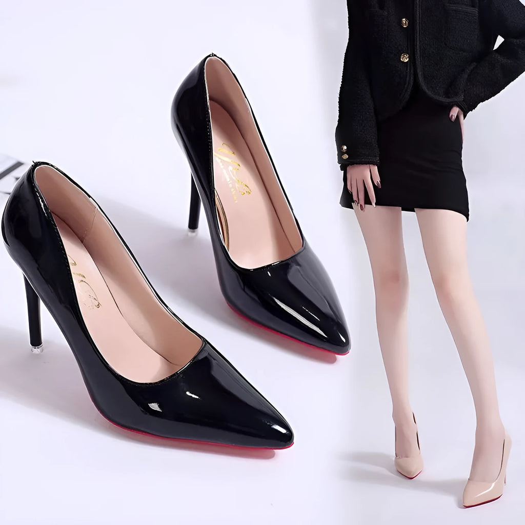 Women's solid colour pointed-toe pumps with a stiletto heel and shallow-mouth design.