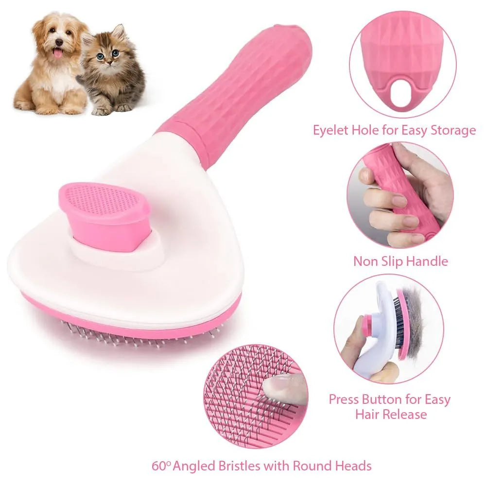 Blue cat deshedding brush with a release button, fine wire bristles, for removing loose fur from pets.