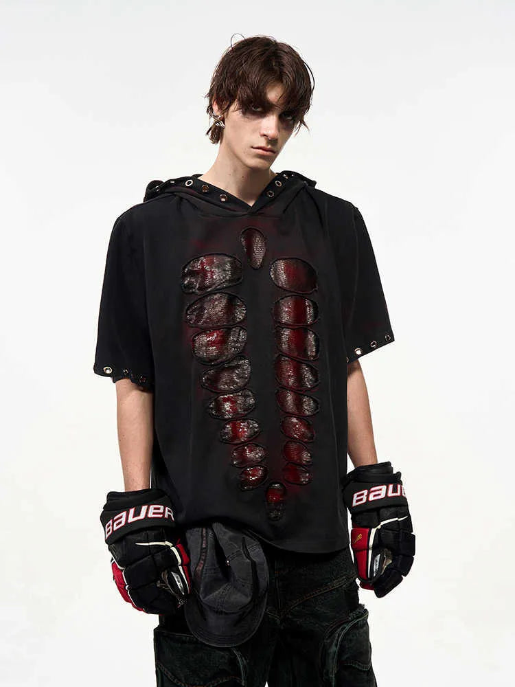 Black hooded men's short-sleeve T-shirt with sequin detailing and loose fit.