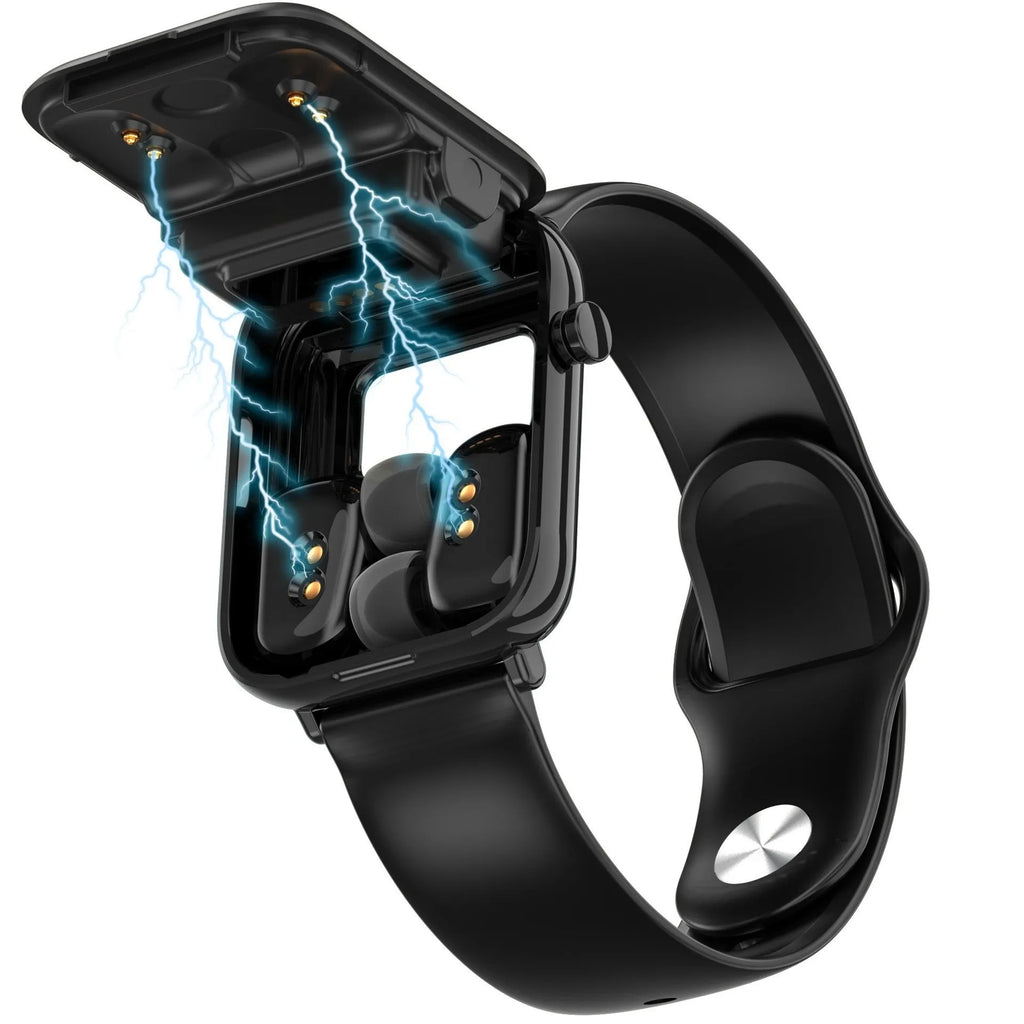 Black smartwatch with touchscreen paired with wireless earbuds on a charging cable.