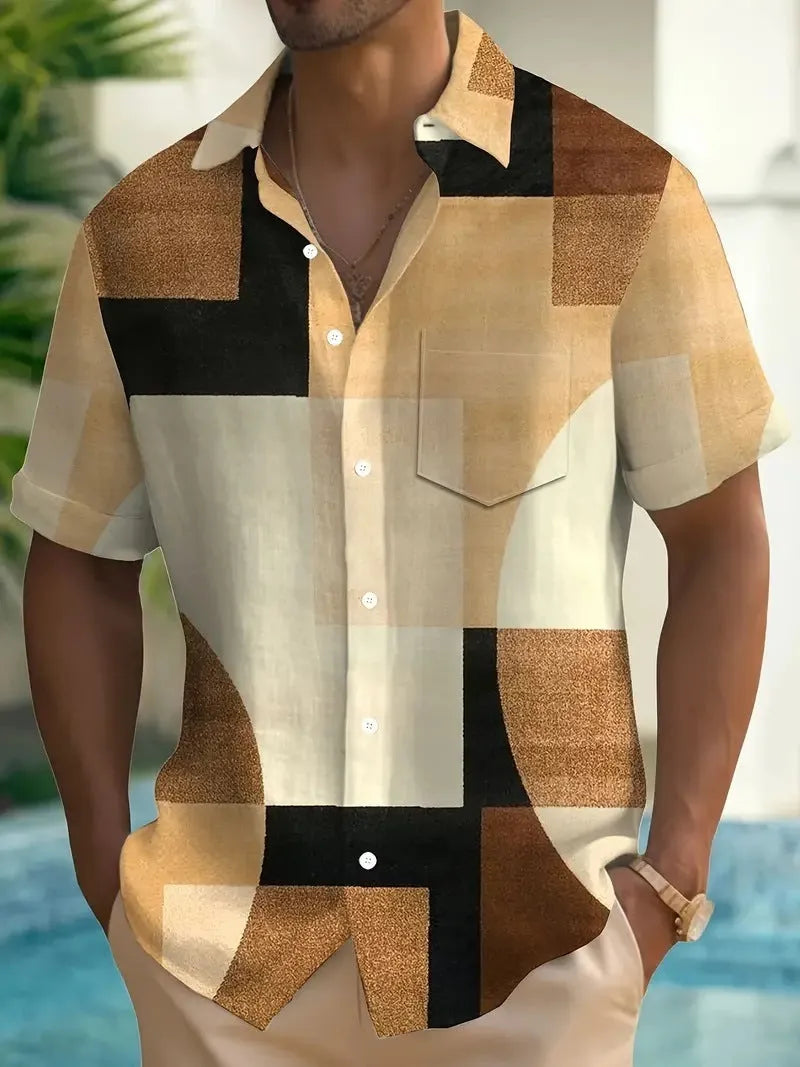 Man wearing a loose-fit short sleeve cardigan with a striped retro geometric pattern in contrasting colours.