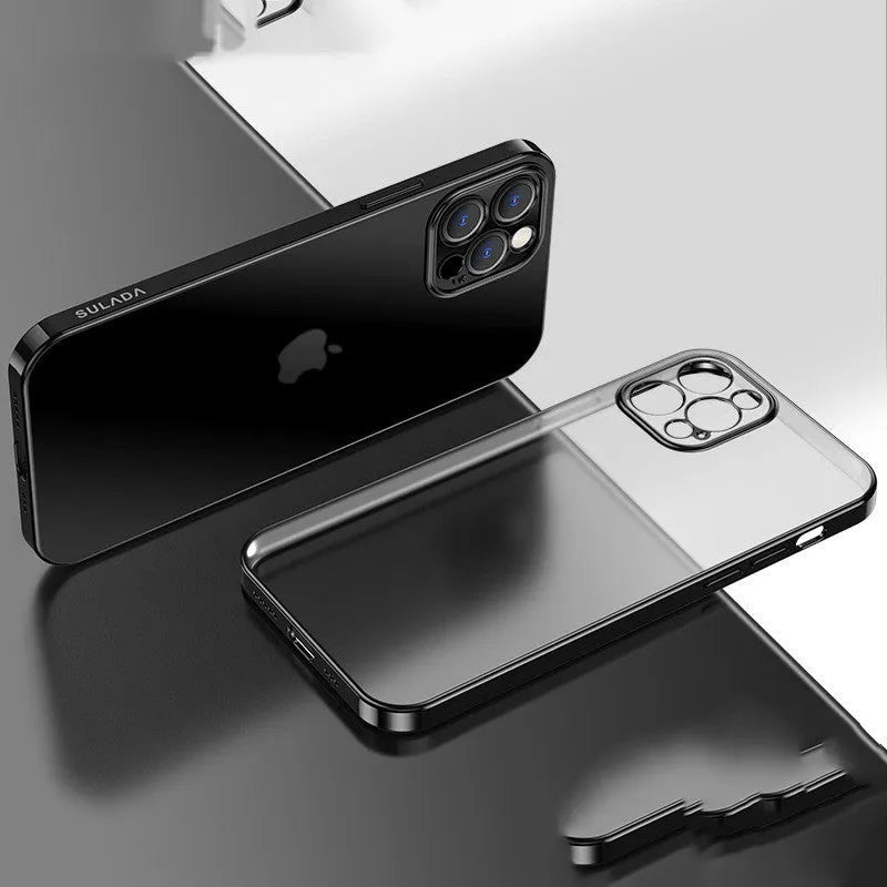 Square frame plating clear matte transparent silicone iPhone case showing blue colour option