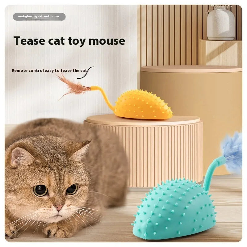 Remote control silicone mouse cat toy with feather attachment in cyan, orange, or yellow colours