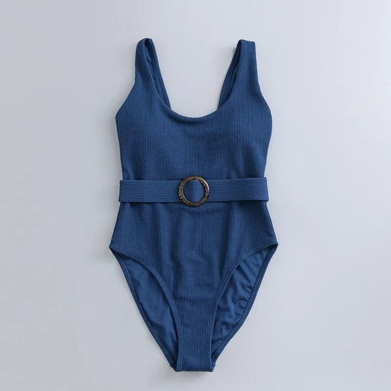 Navy blue solid colour one-piece swimsuit for women with a triangle style and built-in chest pad.