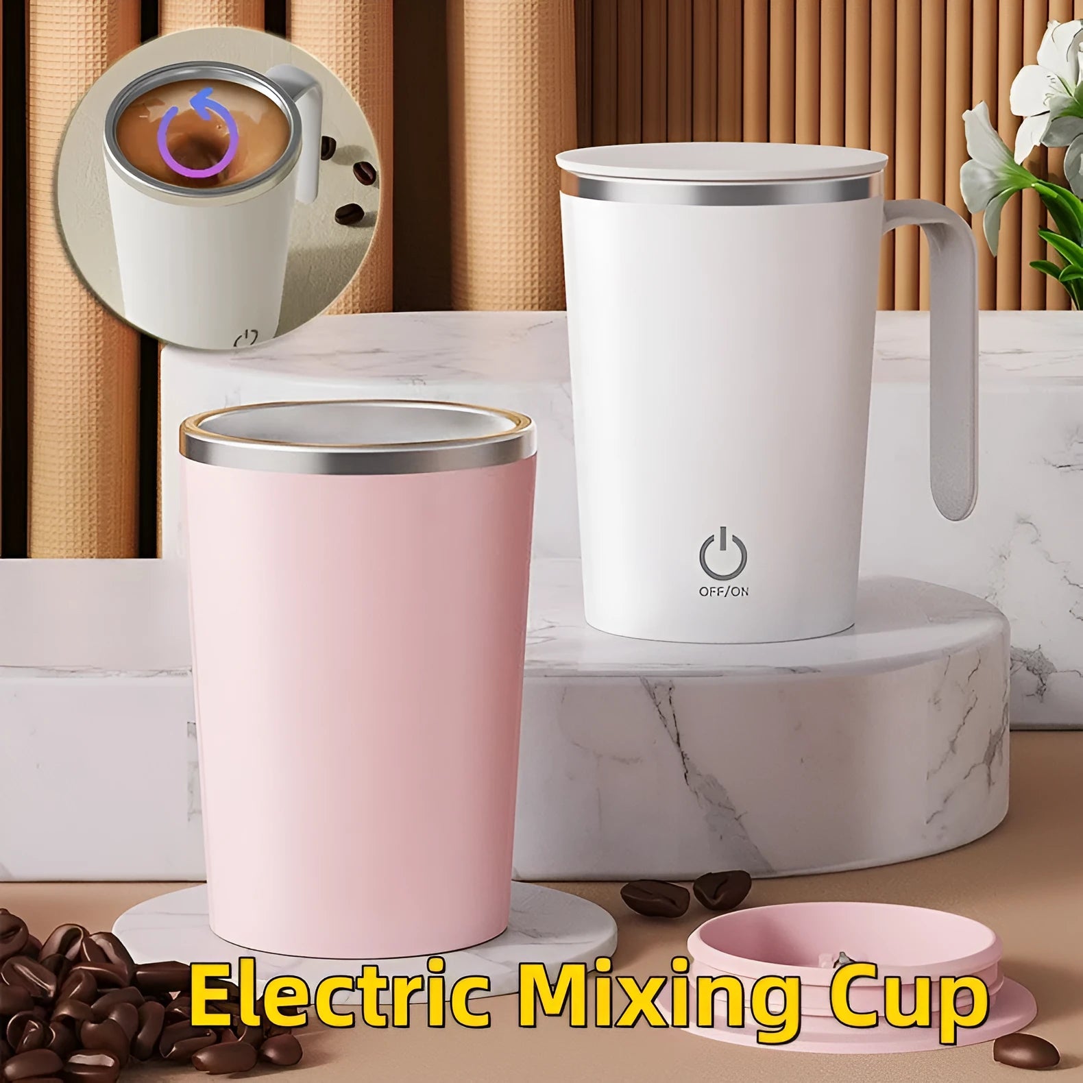 White automatic electric stirring cup with stainless steel finish and minimalist design on a table.