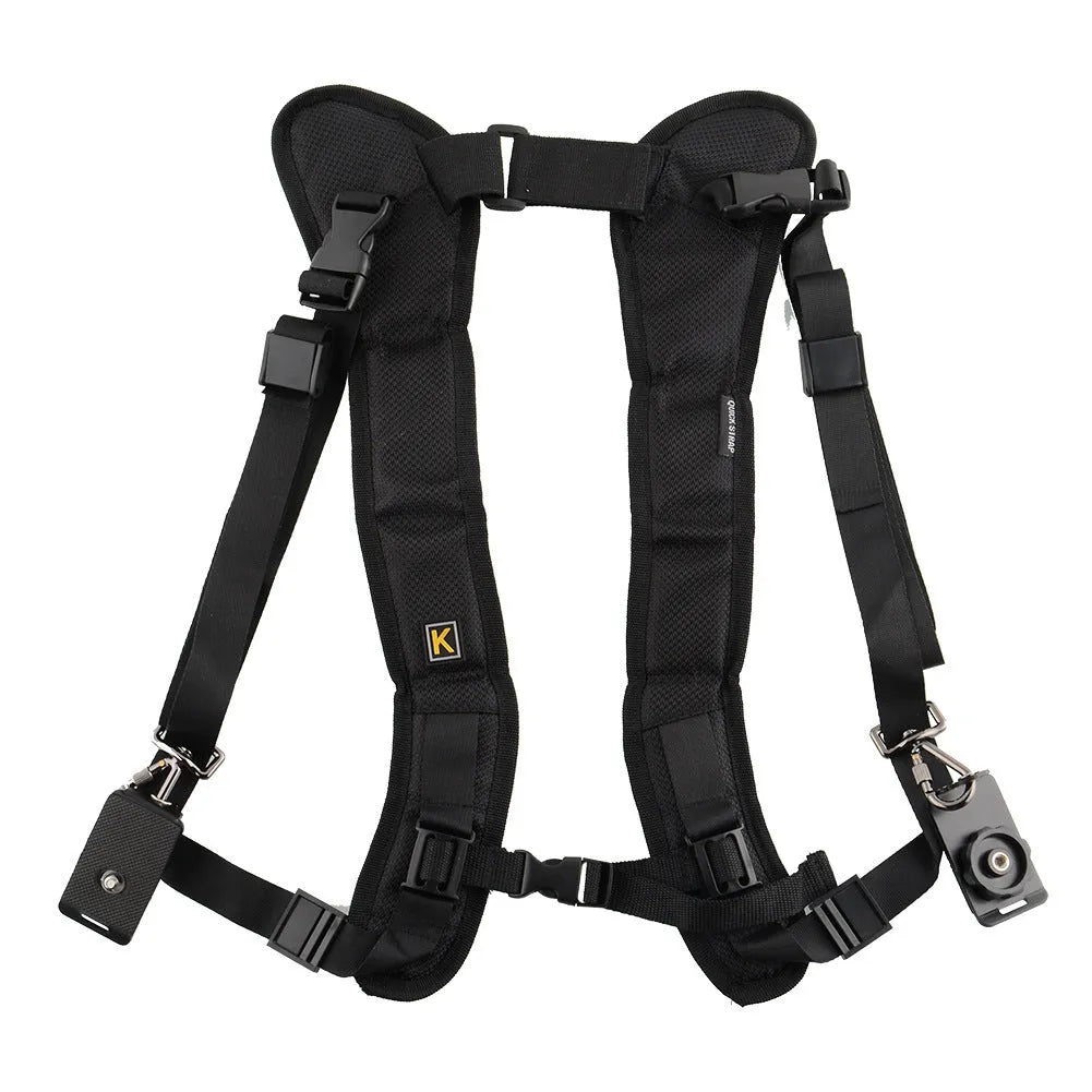 Black professional dual shoulder strap for two SLR cameras, showing nylon fabric and padded shoulders.