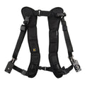 Black professional dual shoulder strap for two SLR cameras, showing nylon fabric and padded shoulders.
