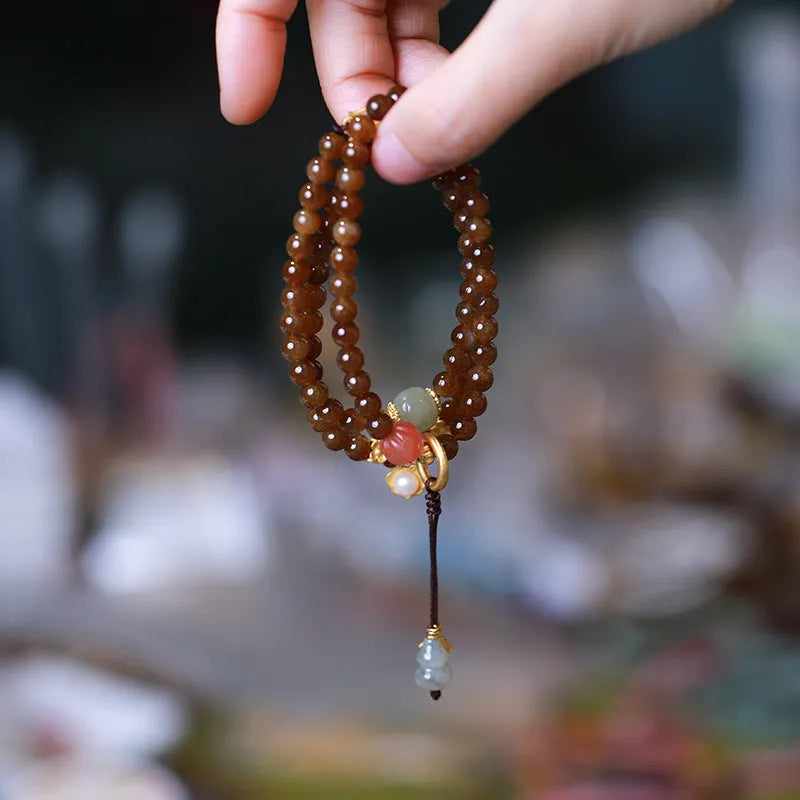 Brown jade Hetian jade three-ring geometric bracelet with silver-plated butterfly and gourd pearl accents