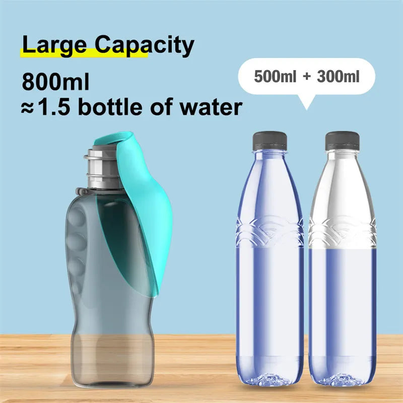 Blue grey portable 800ml dog water bottle with foldable drinking bowl and wrist strap.