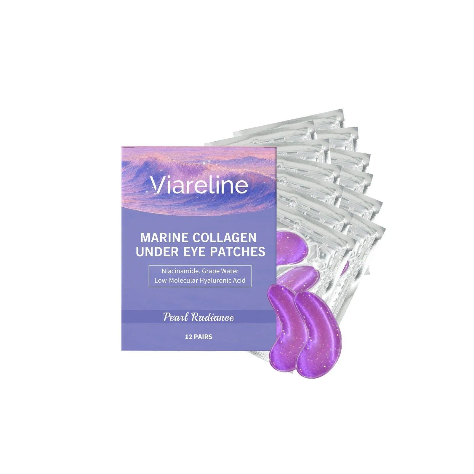 Pack of 12 collagen and hyaluronic acid moisturising eye masks for daily skincare.