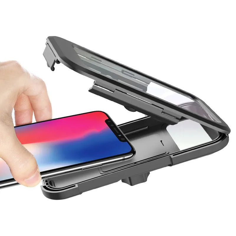 Black adjustable waterproof bicycle and motorcycle phone holder mount for 4 to 6.7 inch mobile devices.