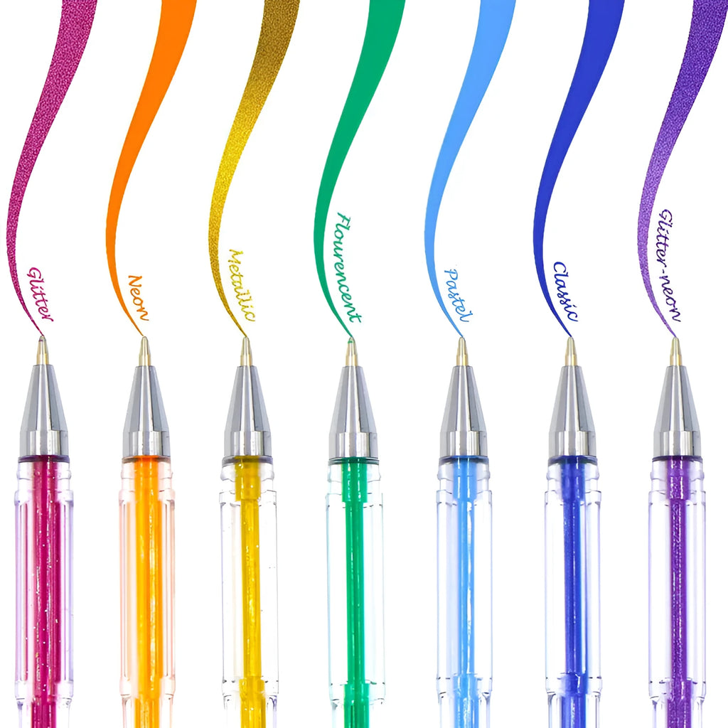 Set of 100 multicolour gel pens and highlighters with 0.5mm and 1mm tips on a white background.