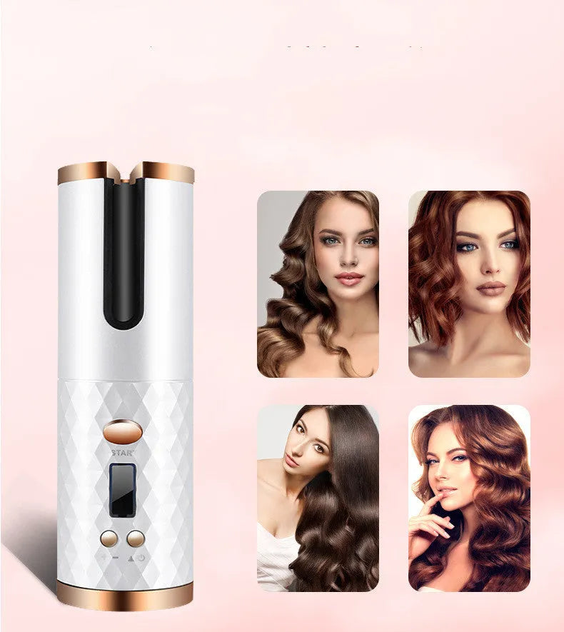 Black rechargeable automatic hair curler with LCD display and ceramic tourmaline curling barrel.