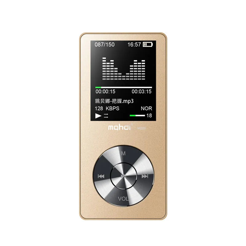 Gold, silver, or black metal MP3 music player with a 1.8 inch screen and key controls.