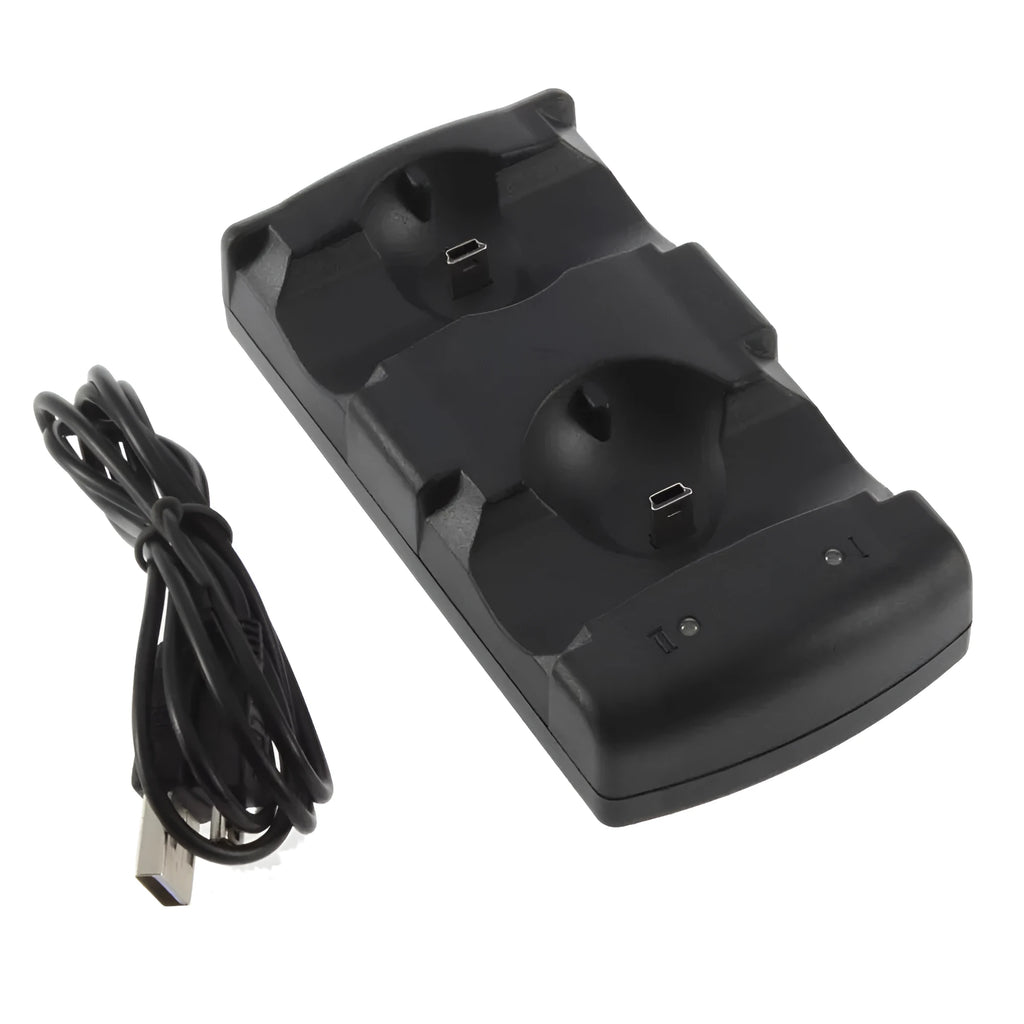 Black dual USB charging dock for PlayStation 3 controllers and PS3 Move on a table