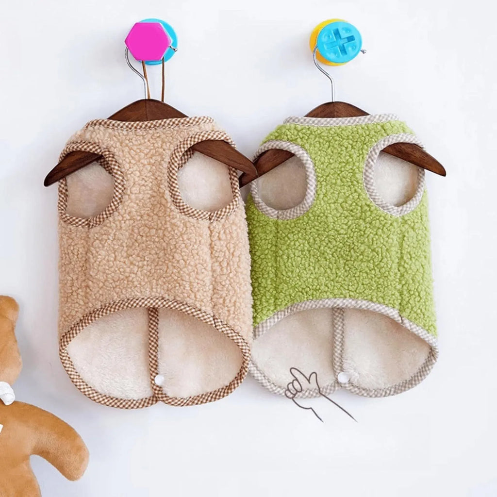 Green thickened coral fleece dog vest with a metal leash ring on the back.
