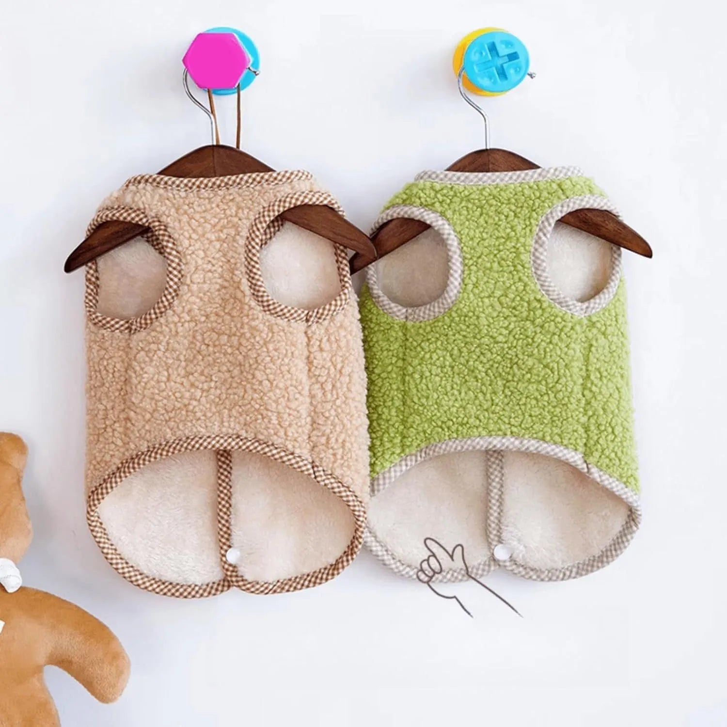 Green thickened coral fleece dog vest with a metal leash ring on the back.