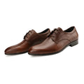 Men's black leather derby shoes with pointed toe and rubber sole on a white background.