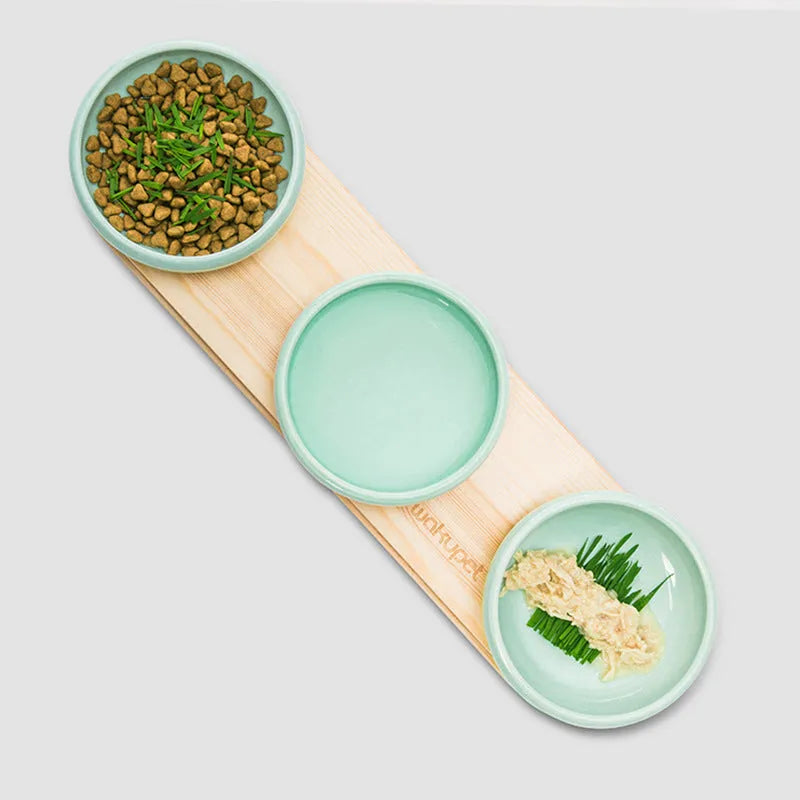Solid wood cat dining table with pine frame and ceramic bowl, 350ml capacity, raised feeding station