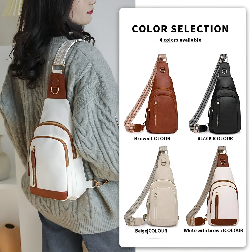 Soft brown PU leather women's crossbody chest bag with open pocket and stitching detail.