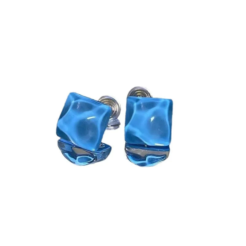 Geometric square water ripple blue earrings in ice blue alloy, unisex Korean style