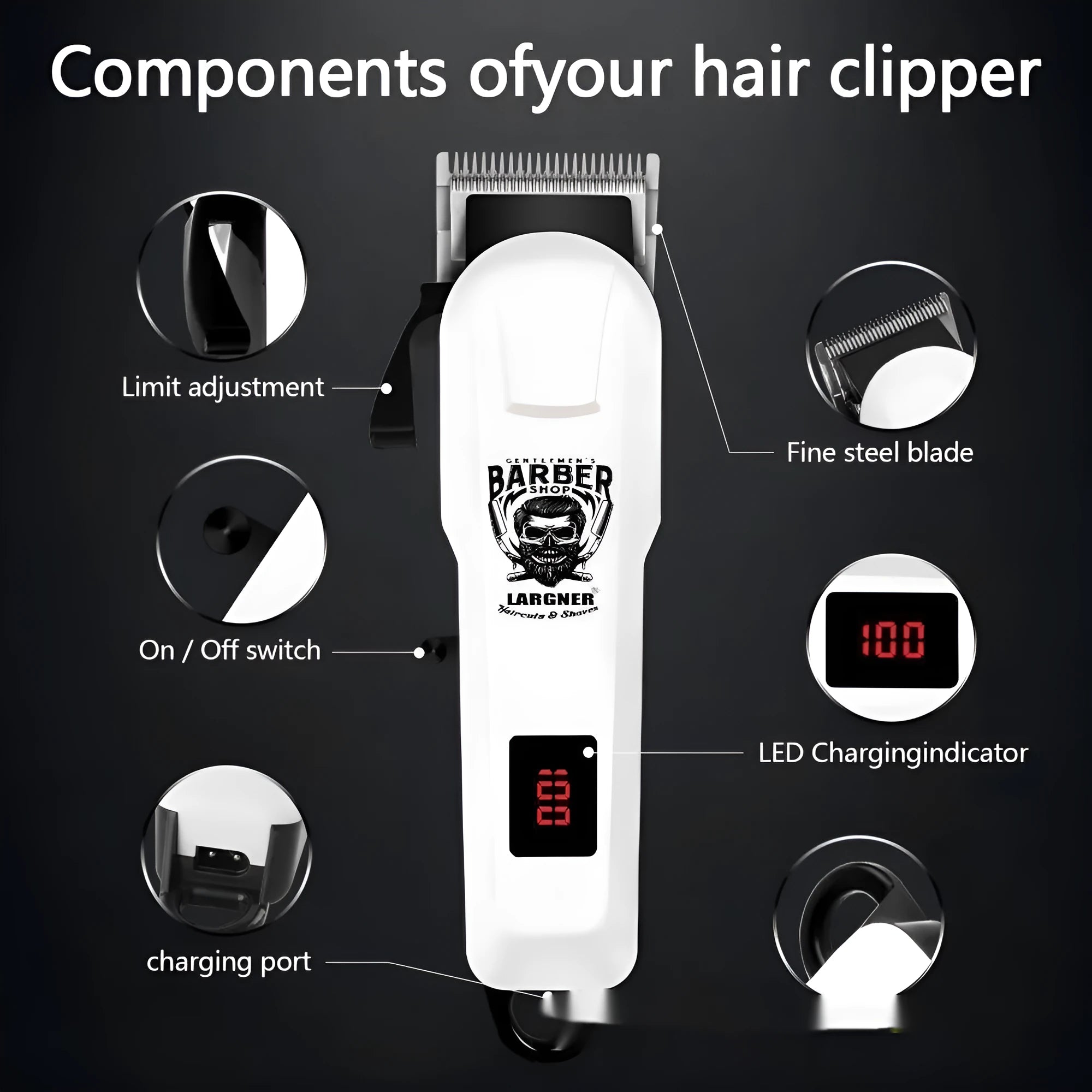 Rechargeable stainless steel hair clipper with USB charging cable and 4 guard attachments