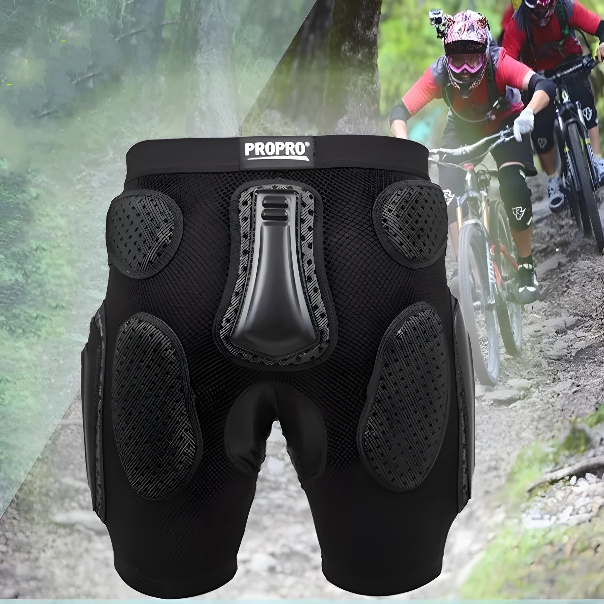 Black cycling hip protection pants with integrated padding available in S, M, L, XL sizes