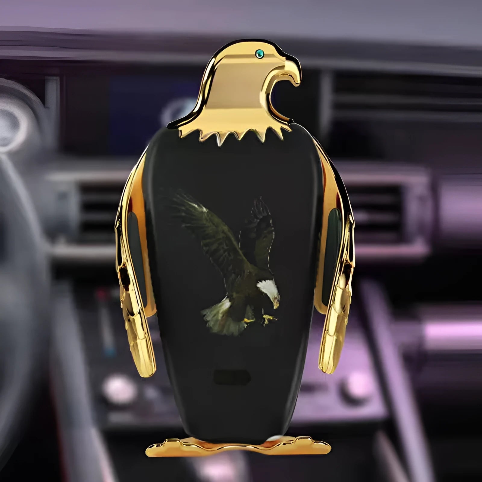 Eagle style wireless charging car phone holder with suction cup mount in black and gold