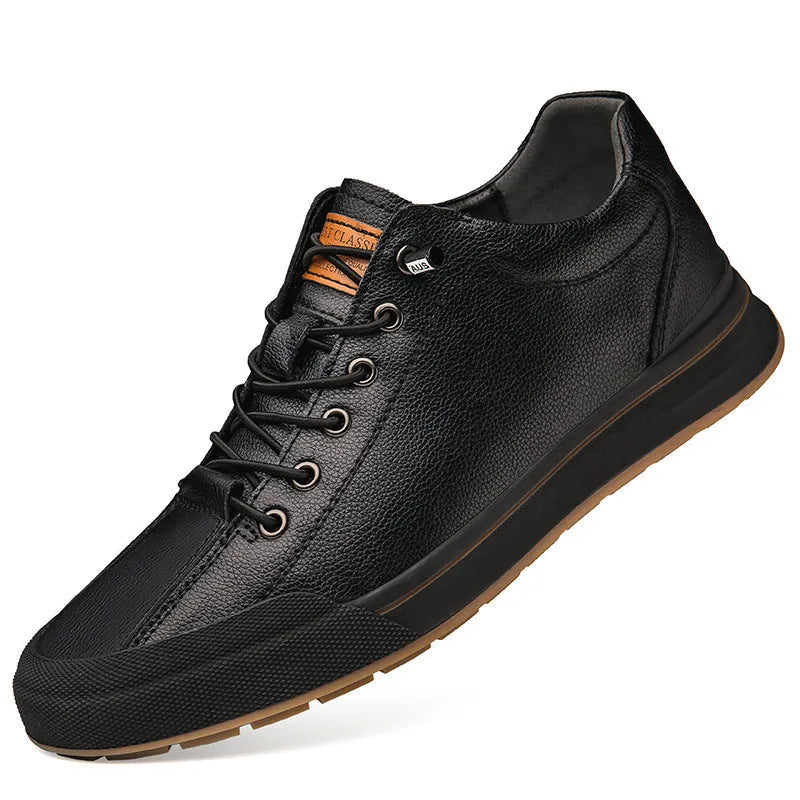 Men's white matte leather casual shoes with a 6cm platform and round toe on a plain background.