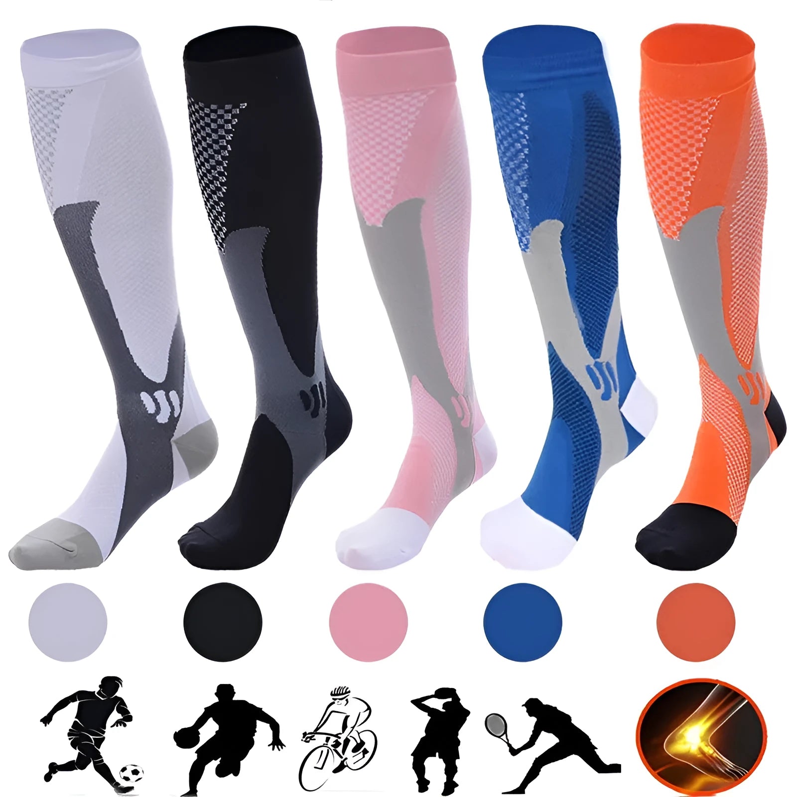 Graduated compression socks for men and women in black, shown in S/M, L/XL, and XXL sizes.