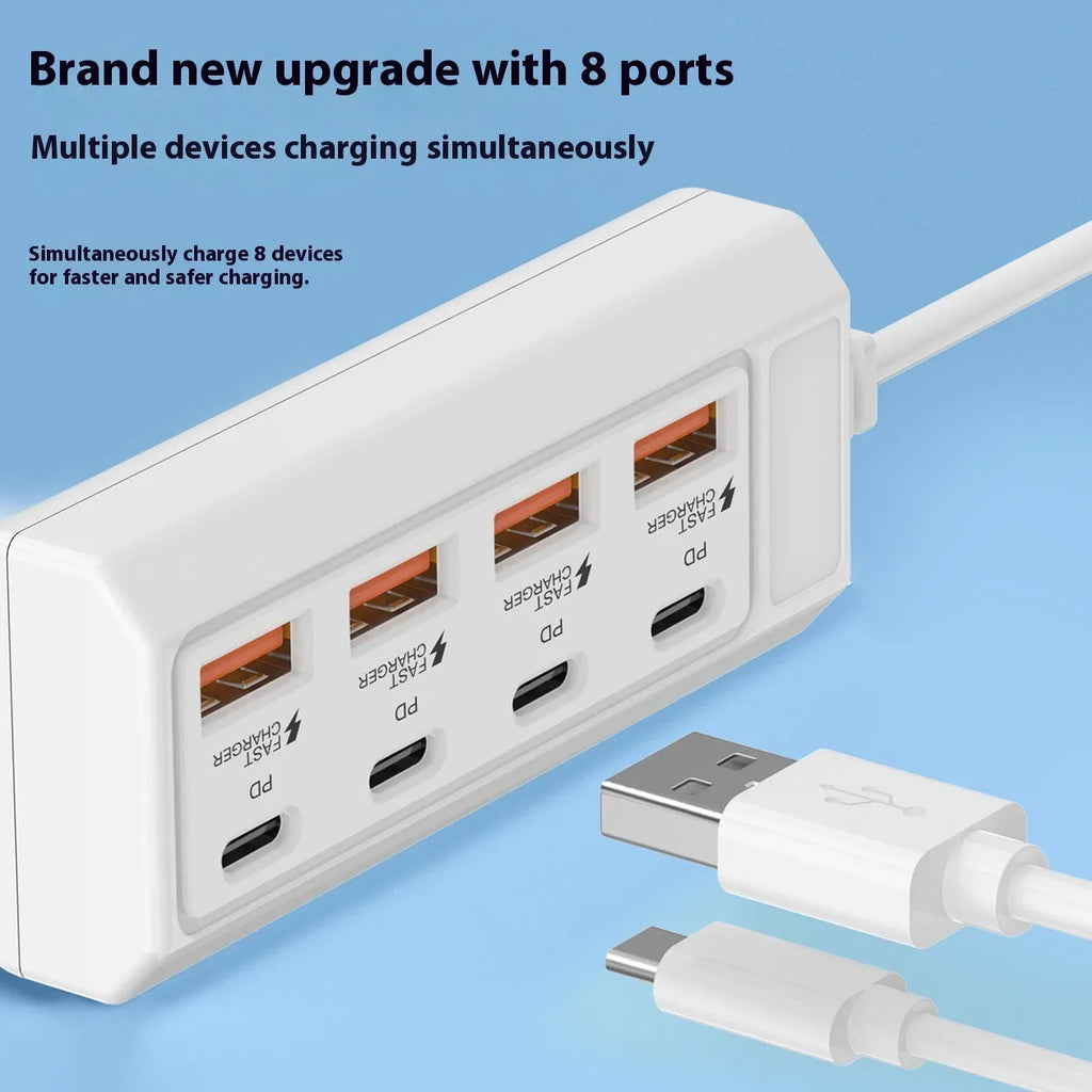 White plastic 8-in-1 Type-C PD fast charge multi-port docking station with 1-2m cable