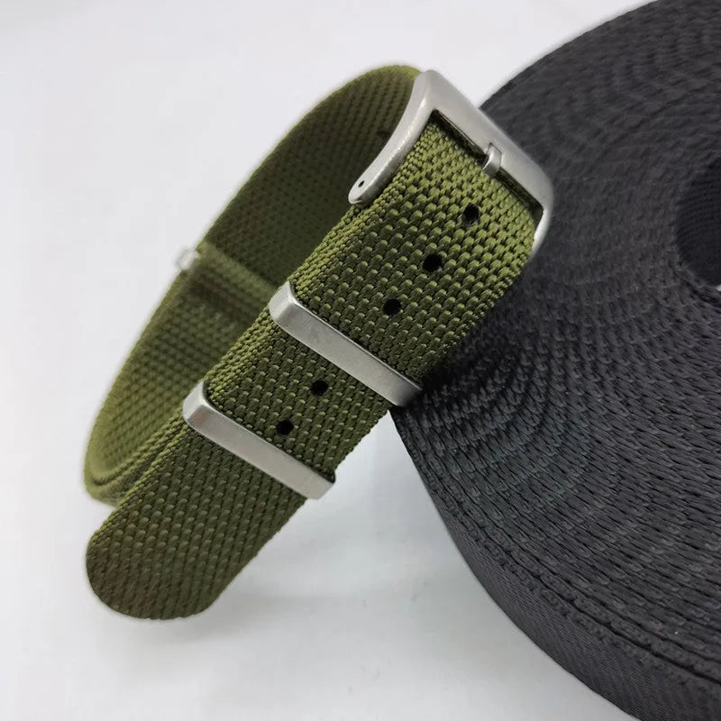 Nylon textile watch strap in Army Green colour, showing integrated design.