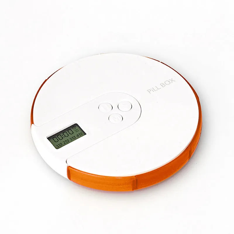 Blue 7-day pill organiser with digital alarm clock display and timer buttons
