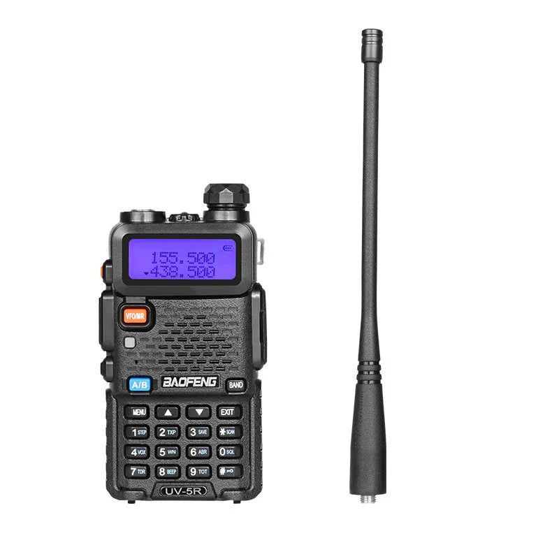 Black handheld VHF UHF walkie talkie with antenna, LCD display, and keypad.