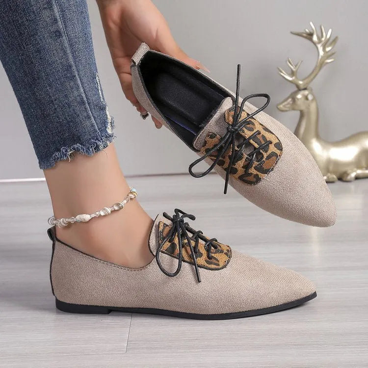 Beige leopard print women's pointed toe pumps with rubber sole in extended sizing